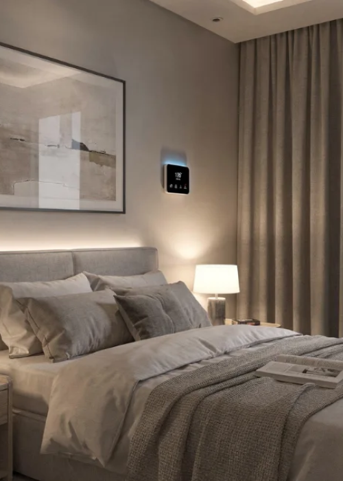 Chambre équipée d'un panneau de contrôle domotique, solution installée par Artcast Technologies.
